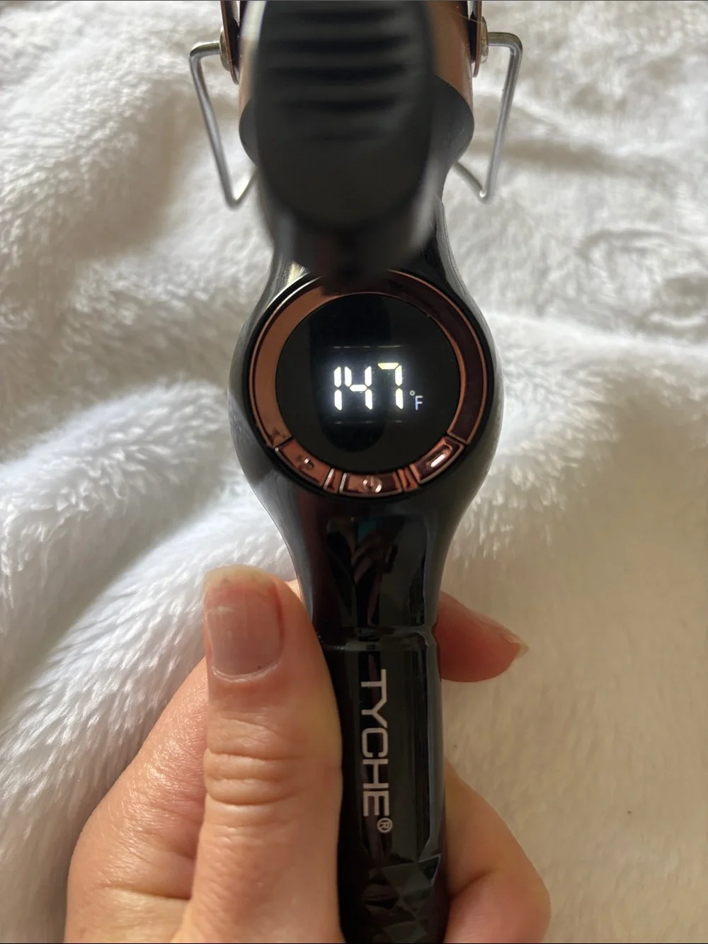 Tyche Rose Gold Barrel Curling Iron with Black Handle Size 1 & 3/4 Inches